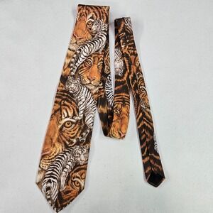 VINTAGE D'em Crazy Men Tie One Size Orange‎ White Tiger Allover Print Graphic